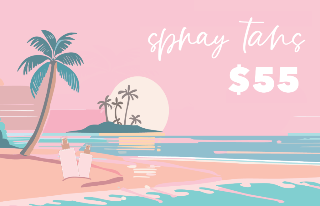 Illustrated image of a beach at sunset promoting $10 off spray tans at Enhanced Esthetics in London, Ontario